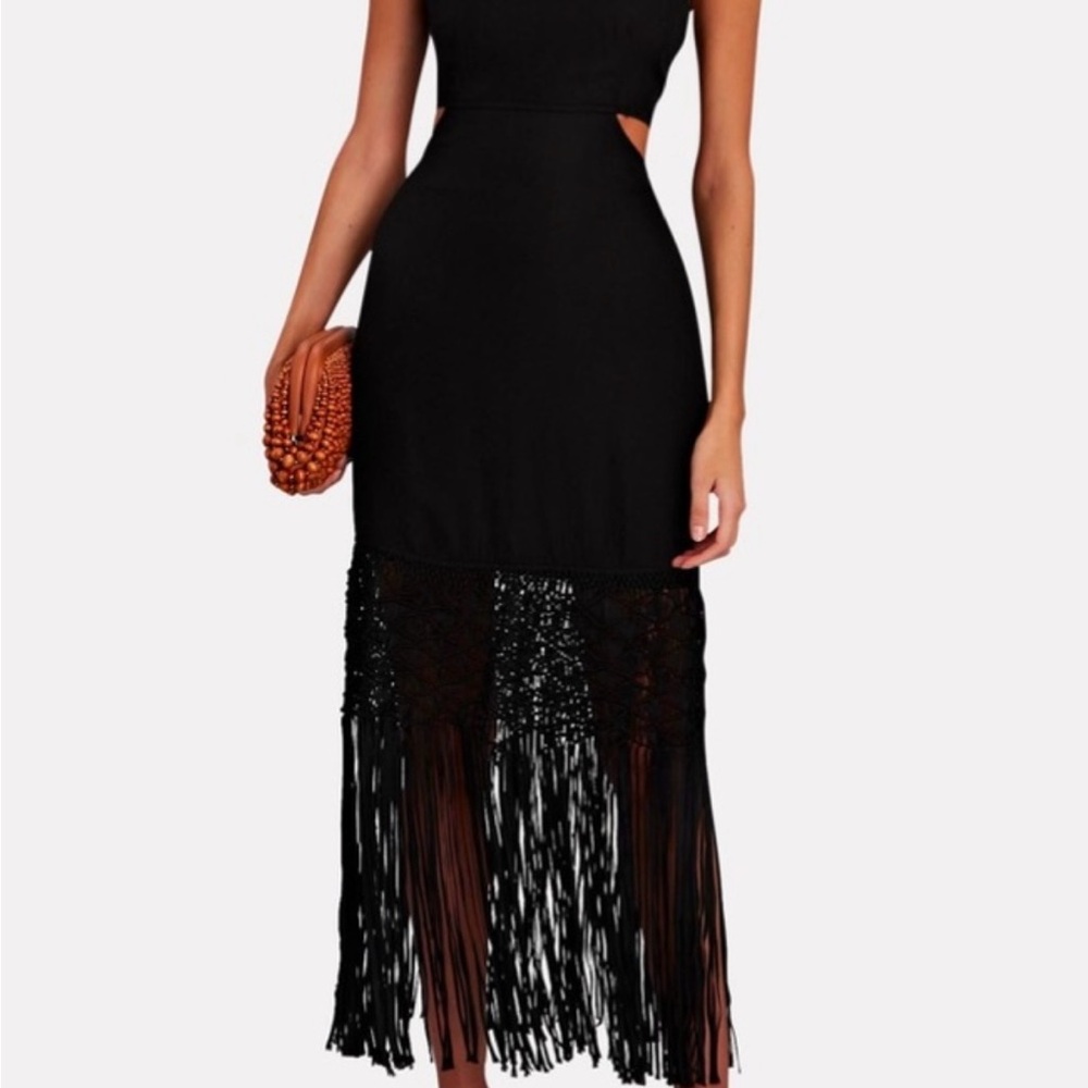INTERMIX Black Fringe Midi Dress